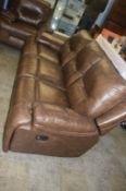 Two brown leather three seater reclining settees and a recliner armchair