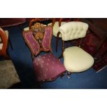 An Edwardian marquetry inlaid nursing chair and a walnut button back chair