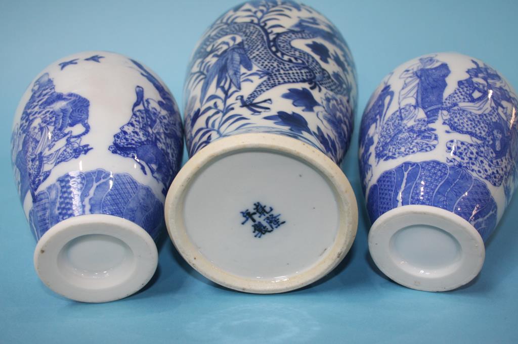 A pair of Chinese blue and white vases, decorated with figures, 17.5cm height and a tall blue and - Image 17 of 19