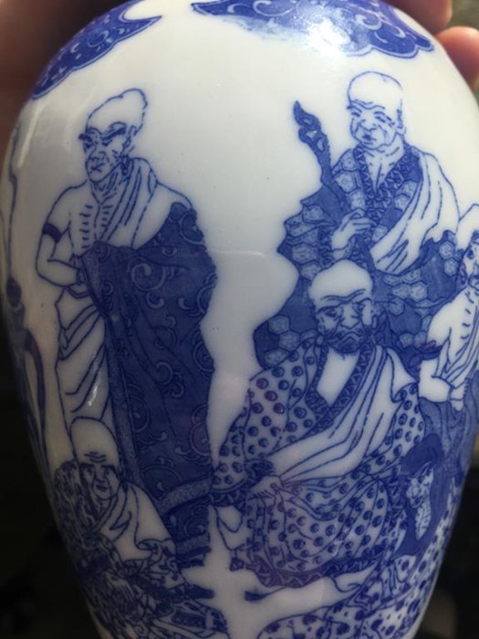 A pair of Chinese blue and white vases, decorated with figures, 17.5cm height and a tall blue and - Image 5 of 19