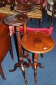 Two pedestals and a mahogany tripod occasional table