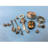 A snuff box, various silver thimbles, teething ring, etc.