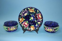 A Maling plate and two Maling rose bowls