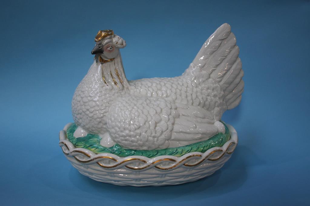 A Victorian giant Staffordshire pottery hen on basket egg tureen, 39cm length