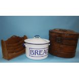 Enamel bread bin, leather rack and hat tin