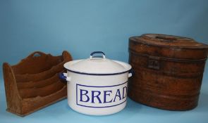 Enamel bread bin, leather rack and hat tin