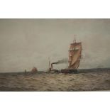 William Thomas Nichols Boyce, watercolour, dated 1909, 'Paddle steamer and Sail ships at sea', 35
