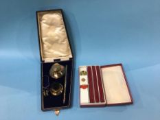 A silver gilt writing set in tooled leather case, comprising Capstan inkwell, dip pen, nib brush and