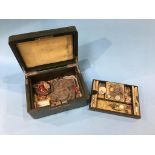 A leather jewellery box and contents, including coral necklace etc.