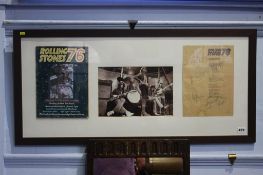 Autographs, The Rolling Stones, along with a copy of Rolling Stones 76 and a credits page, framed