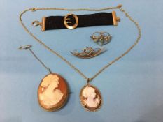 Two seed pearl mounted 9ct brooches, two cameos etc.