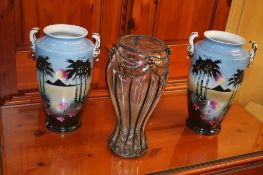 A pair of vases and a glass vase with metal mounts (3)