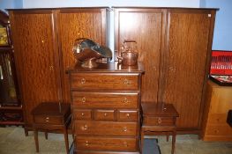 Stag chest of drawers, two bedside tables and two wardrobes