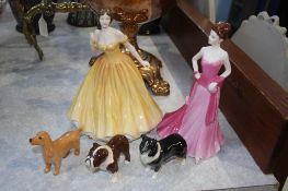 Three Beswick dogs and two figures