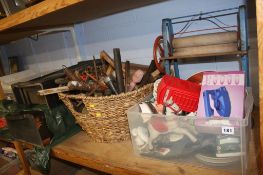 Shelf of assorted, including tools and wall clocks