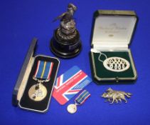 Harrods brooch, National Service medal etc.
