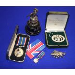 Harrods brooch, National Service medal etc.