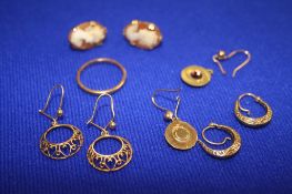 9ct gold ring, gold mounted cameo earrings etc.