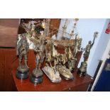 Two pairs of spelter figures and a pair of Marley horses
