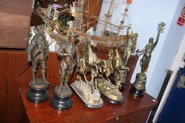 Two pairs of spelter figures and a pair of Marley horses