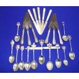 Six silver grapefruit knives with mother of pearl handles, various silver spoons etc.