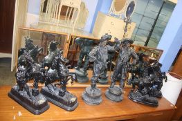 Pair spelter figures and two pairs of Marley horses