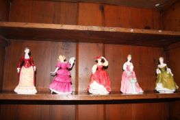 Two Coalport and three Royal Doulton figures