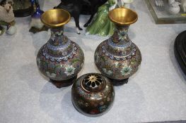 A pair of Cloisonné vases and a small cloisonné censor (3)