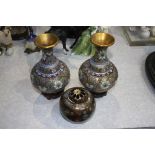 A pair of Cloisonné vases and a small cloisonné censor (3)