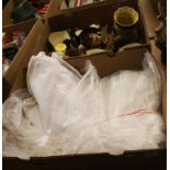 Box of linen and a quantity of Toby jugs