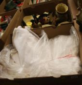 Box of linen and a quantity of Toby jugs