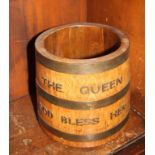 An oak Royal Navy rum tot barrel, 'The Queen God Bless Her'