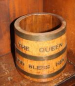 An oak Royal Navy rum tot barrel, 'The Queen God Bless Her'