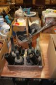 Coal scuttle and various antique bottles