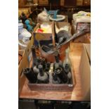 Coal scuttle and various antique bottles