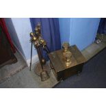 Brass coal scuttle, fire irons etc.