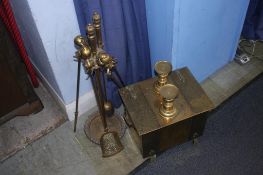 Brass coal scuttle, fire irons etc.