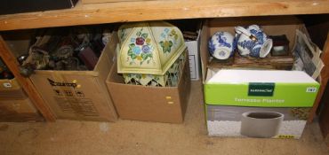 Shelf of assorted, including spelter figure