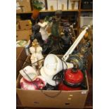 Three boxes of assorted spelter figures etc.