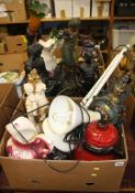 Three boxes of assorted spelter figures etc.