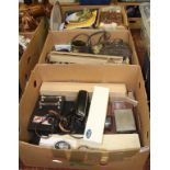 Three boxes of assorted , including binoculars, cutlery etc.