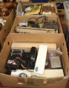 Three boxes of assorted , including binoculars, cutlery etc.