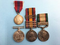 A South Africa medal with 4 bars, awarded to 2805 Pte J. Hill, Derby Regiment, India medal with