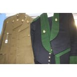 Two Army Dental Corp jackets and trousers, two Dental Corp caps and a World War II Zuckerman helmet