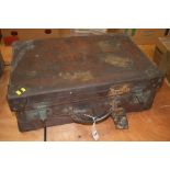 A leather travelling Vanity case with red leather interior and five silver mounted bottles