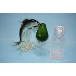 Glass Dolphin, green cased bubble glass vase and a decanter (3)