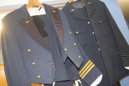 Two RAF jackets and trousers, 'Mess dress' and 'Service dress' and an RAF cap