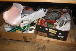 Shelf of assorted, china, sewing box, carriage clock etc.