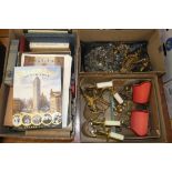 Various wall sconces, a box of books to include Bibby Calendar 1916 and Bibby Annual 1920, various