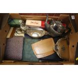 Two boxes of silver plated wares, cutlery etc.